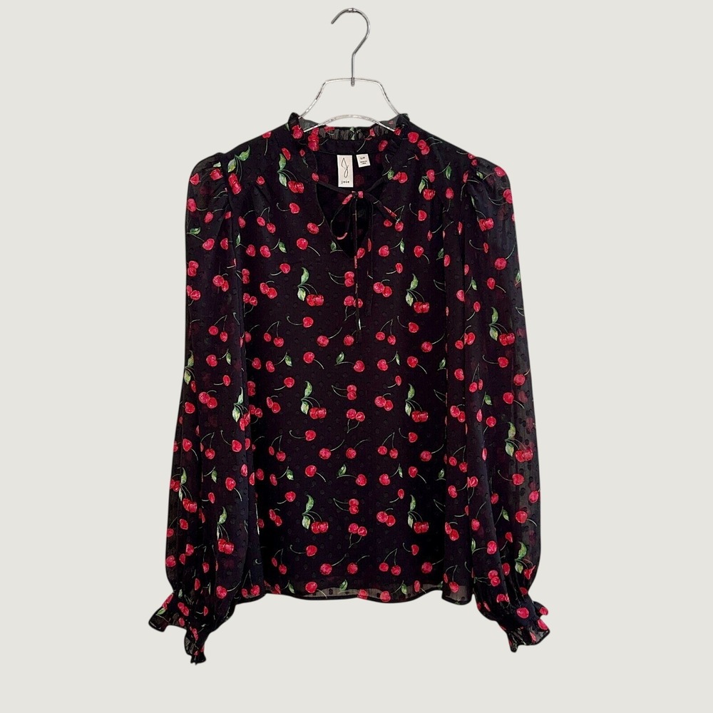 Joie Black Cherry Print Dot Ruffle Tie Neck Blouse Womens Small S/P